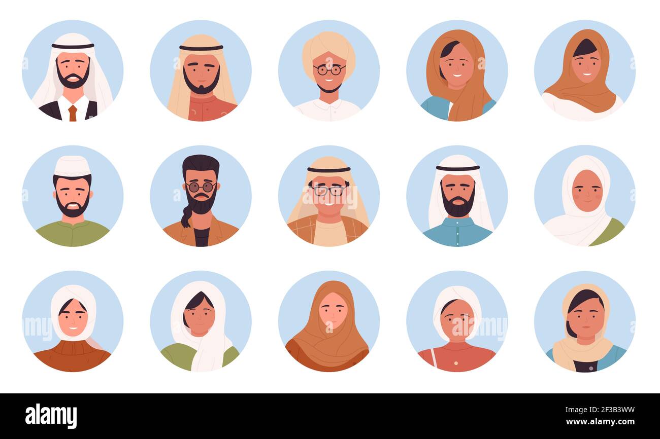 Muslim arabian people portrait round avatars set, multinational man woman face userpics Stock Vector
