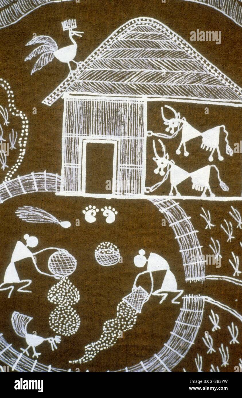 India, Warli painting, Drying red chilies. Cows in the house at background  Stock Photo - Alamy