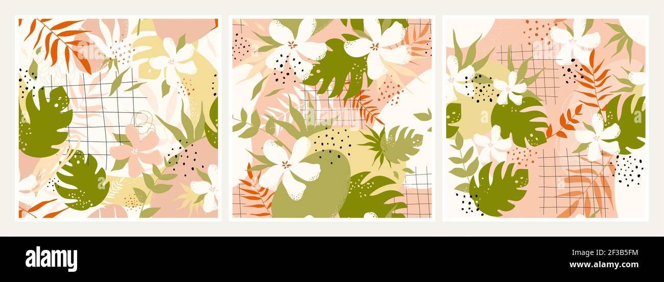 Botanical abstract minimal wall art set, aesthetic wallpaper design with flowers, leaves Stock Vector