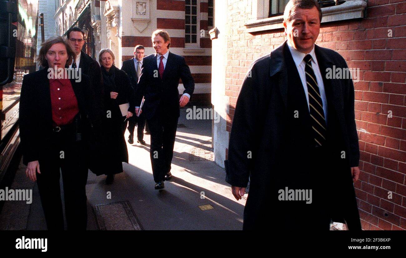Prime Minister Tony Blair January 2000 walking back to Downing Street after announcing the creation of a Holocaust Memorial Day, which will be on 27 January, and start from January 2001. He was speaking at the Anne Frank Exhibition, at Central Hall Westminster. Stock Photo