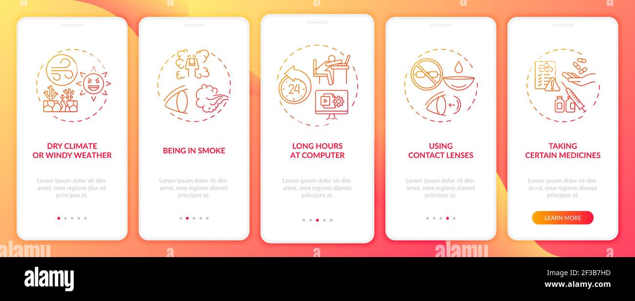 Dry eye causes onboarding mobile app page screen with concepts Stock Vector