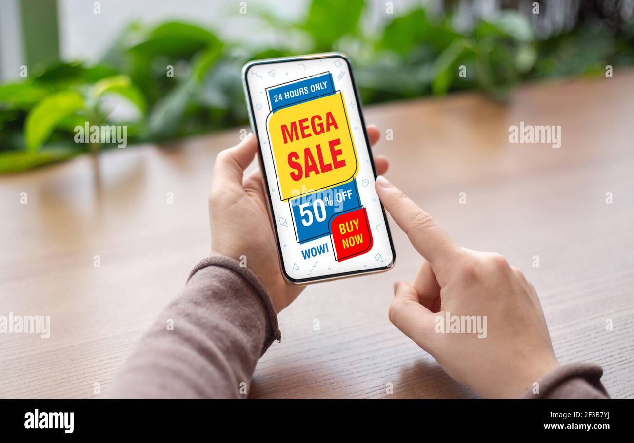 Closeup of feman hands holding smartphone with shopping app Stock Photo