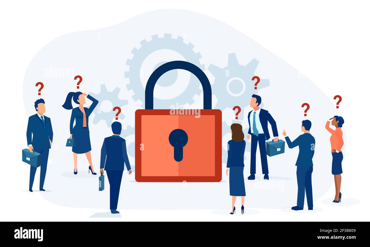 Vector of confused business people looking at locked padlock Stock Vector