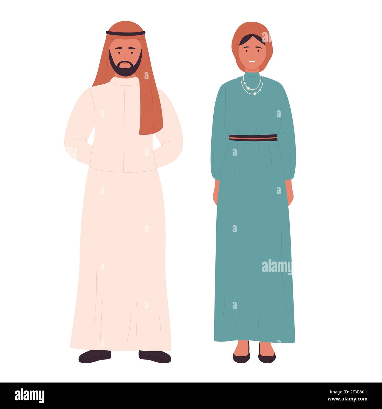 Muslim family or couple people, arabian young husband and wife standing together Stock Vector