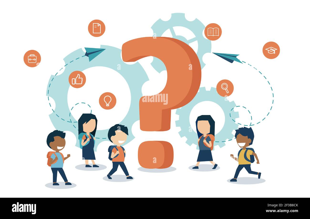 Vector of little kids students standing around a big question mark Stock Vector