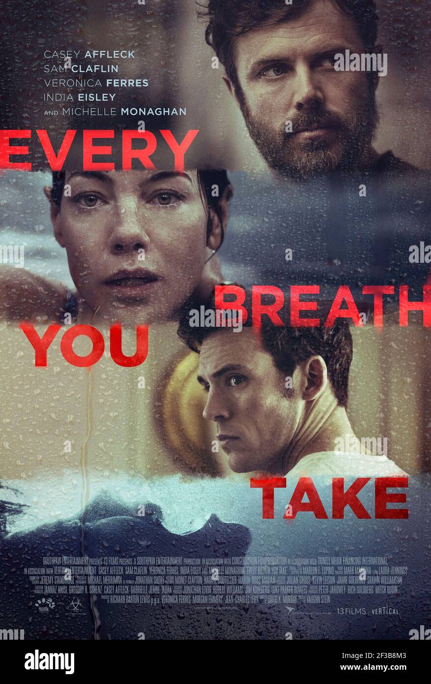 Every Breath You Take  (2021) directed by Vaughn Stein and starring Michelle Monaghan, Sam Claflin and Casey Affleck. A psychiatrist finds his family torn apart after a client commits suicide and he introduces her surviving brother to his wife and daughter. Stock Photo
