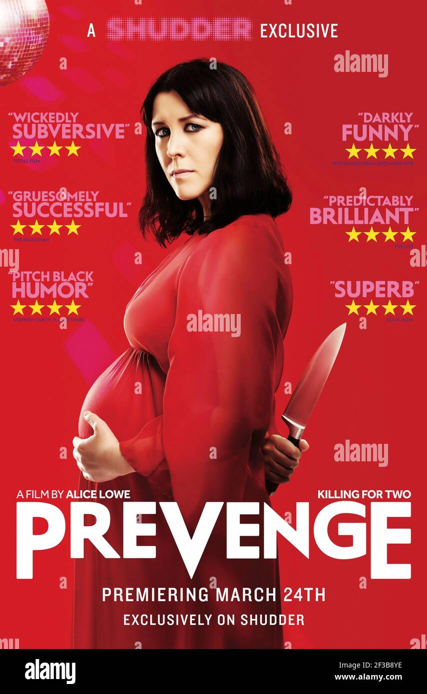 Prevenge (2016) directed by Alice Lowe and starring herself, Dan Renton Skinner and Jo Hartley. A seven months pregnant widow embarks on a homicidal rampage dispatching anyone who stands in her way. Stock Photo