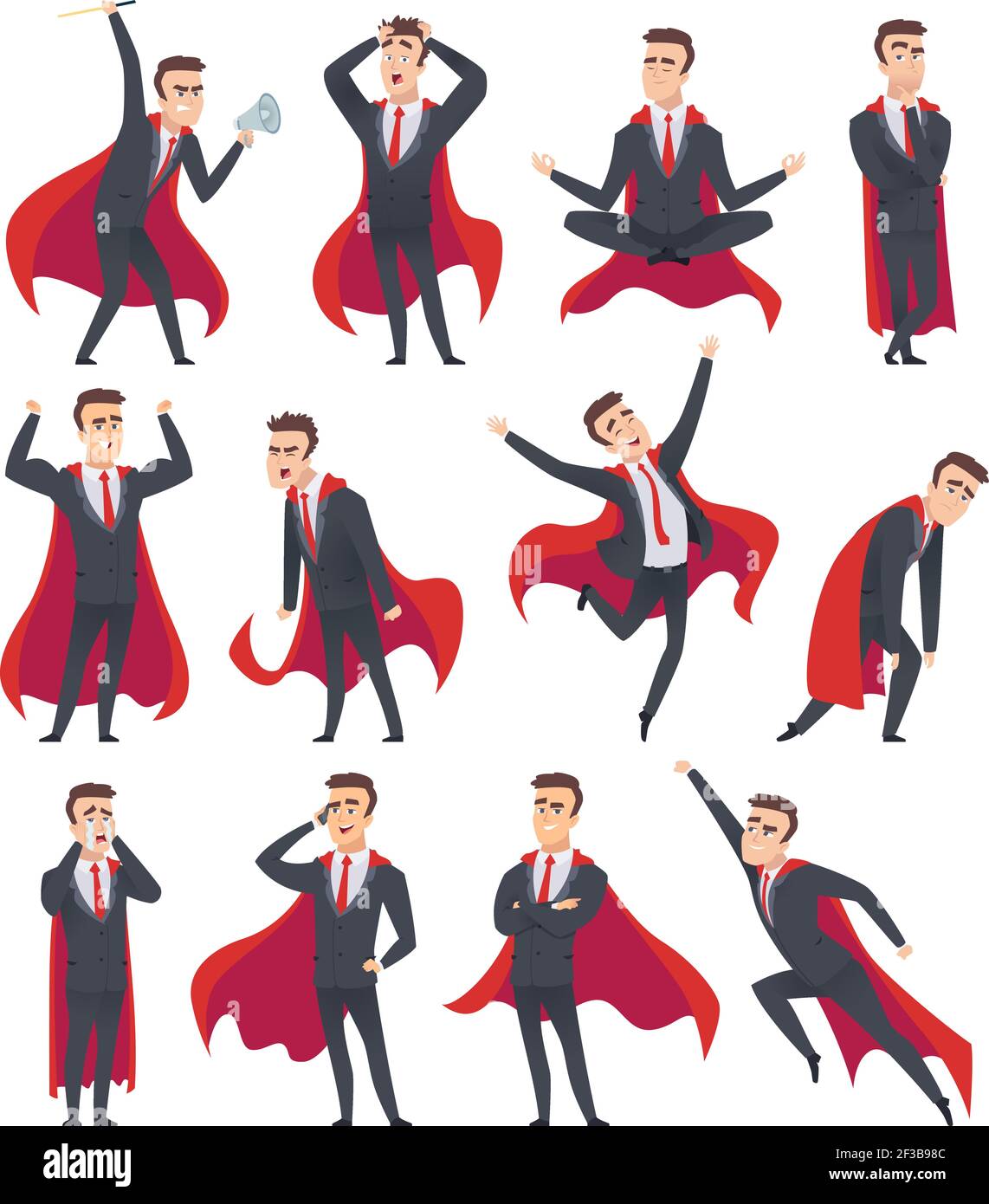 Businessman superheroes. Male characters in action poses of superheroes business person vector cartoons Stock Vector