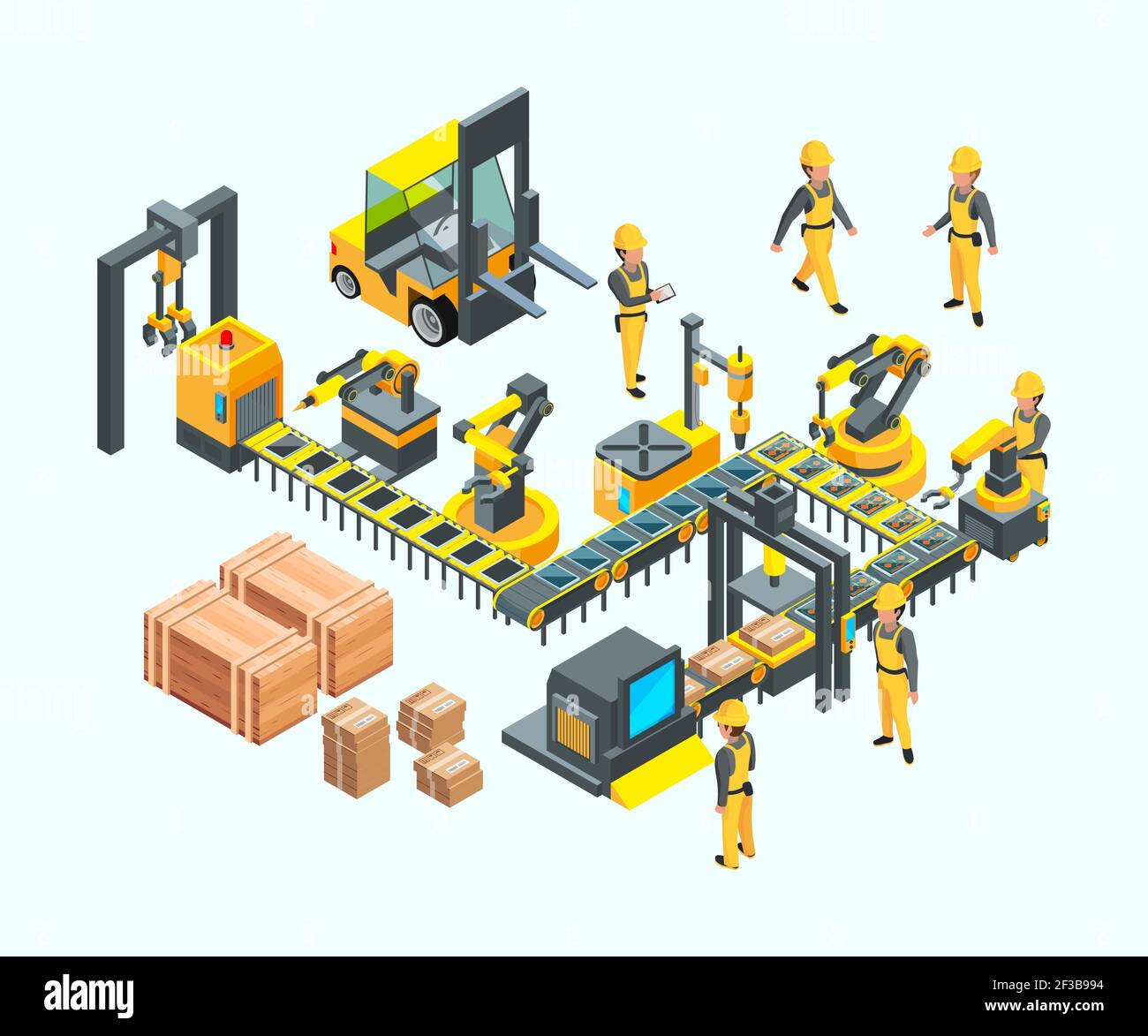 Factory isometric. Industrial machinery production electronics technology manufacturing vector concept of factory Stock Vector