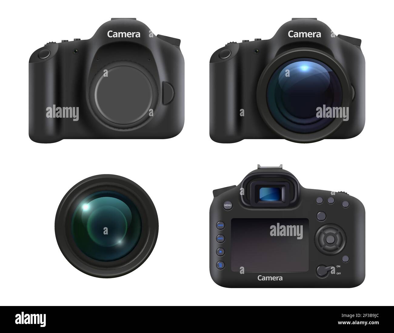 Digital cameras. Realistic dslr photo camera for photographers with lens and professional equipment vector realistic Stock Vector