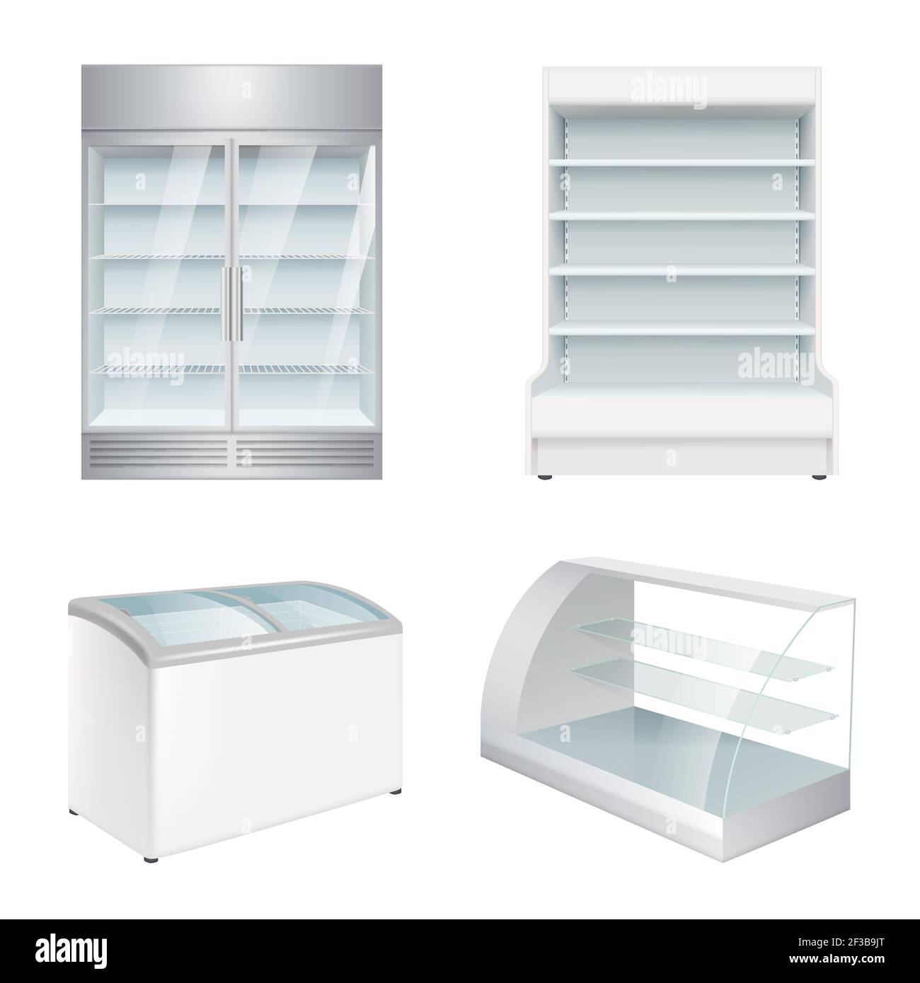 Market refrigerators. Empty commercial equipment showcase for store vector realistic refrigerators Stock Vector