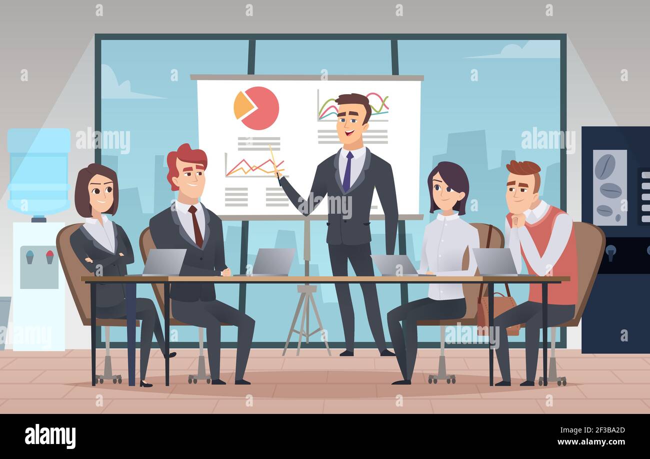 Meeting office interior. Business conference room with people managers working team vector cartoon interior Stock Vector