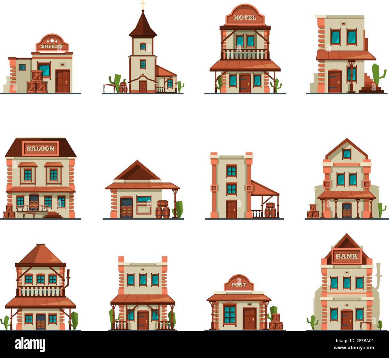 Western constructions. Old wild west town store saloon cowboy bar vector building in cartoon style Stock Vector