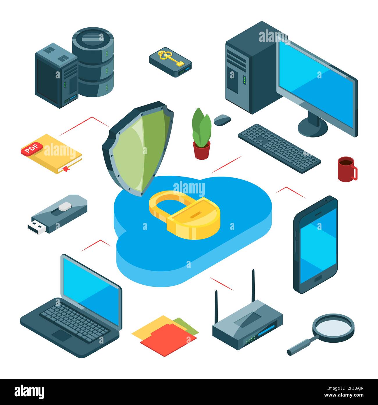 Secure cloud storage. Isometric data storage vector concept. Information transfer, internet and local network Stock Vector