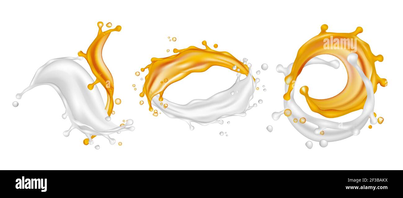 Oil cream splashes. Realistic cosmetics liquids. Twisted milk and oil isolated on white background Stock Vector