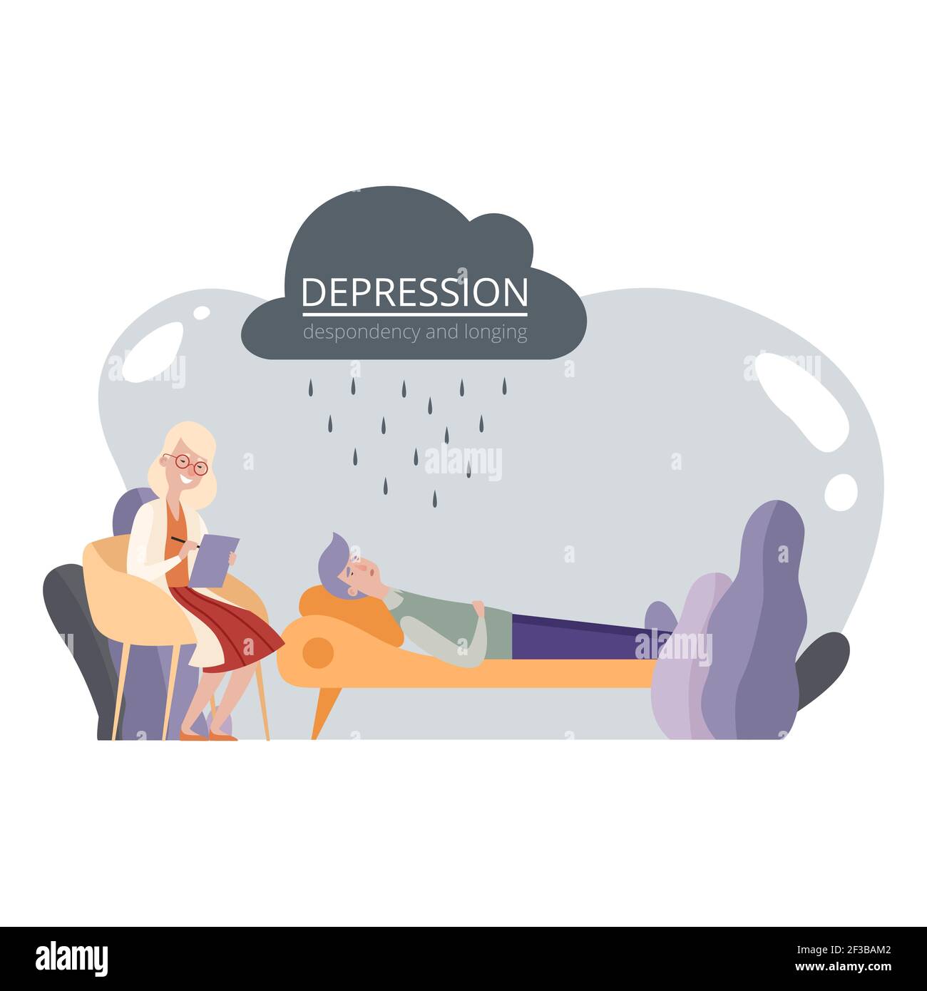 Psychotherapy session, psychological help. Depressed man and psychotherapist vector illustration Stock Vector