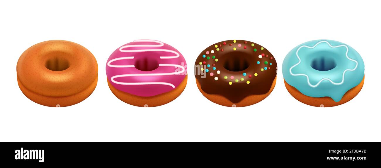Sweet glazed donuts isolated on white background. Realistic donuts vector set Stock Vector