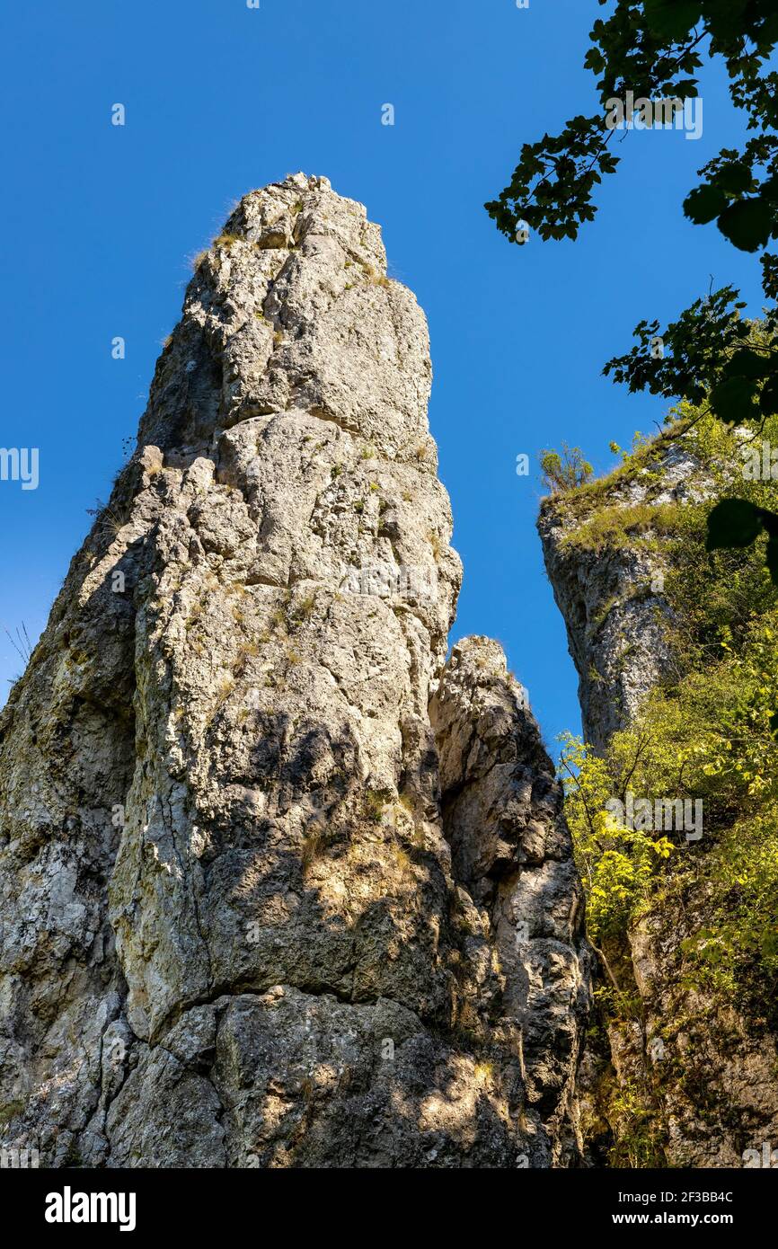 Iglica limestone rock known as Spire or Needle in Bedkowska Valley within Jura Krakowsko-Czestochowska upland near Cracow in Lesser Poland Stock Photo