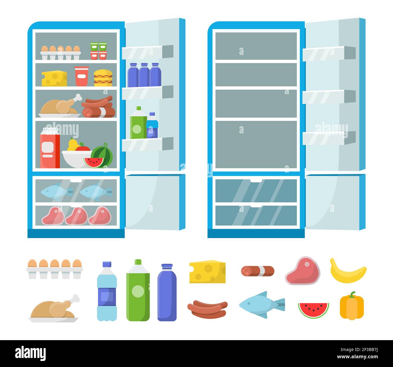 Flat fridge vector. Full and empty refrigerator in the kitchen. Freezer and food illustration Stock Vector