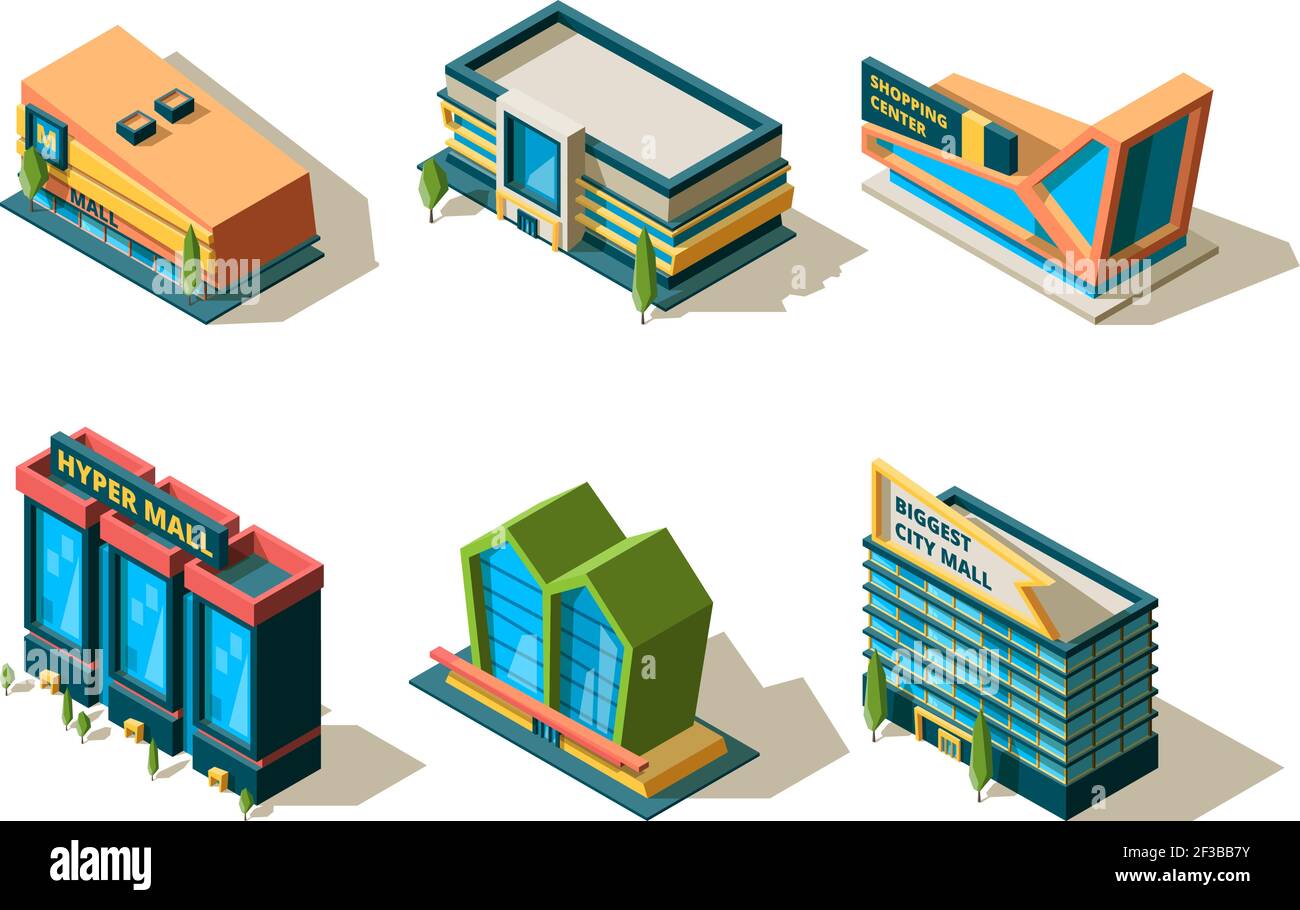 Mall isometric. Big modern buildings of shopping center different architectural city store vector collection Stock Vector