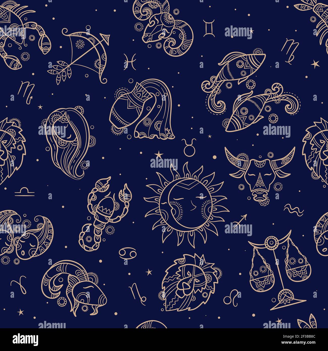 Astronomy seamless. Drawn zodiac symbols textile pattern design ...