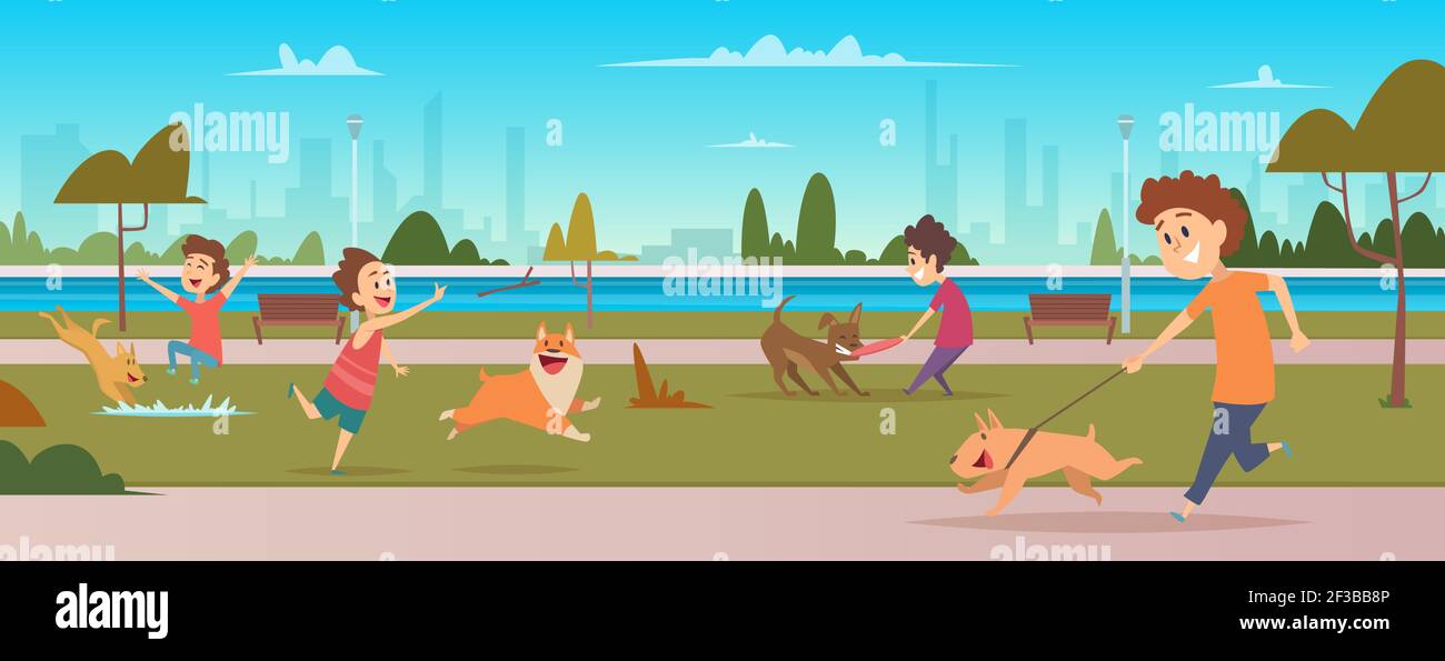 Kids in park with dogs. Children jogging and playing running with happy domestic puppy dogs vector outdoor background Stock Vector