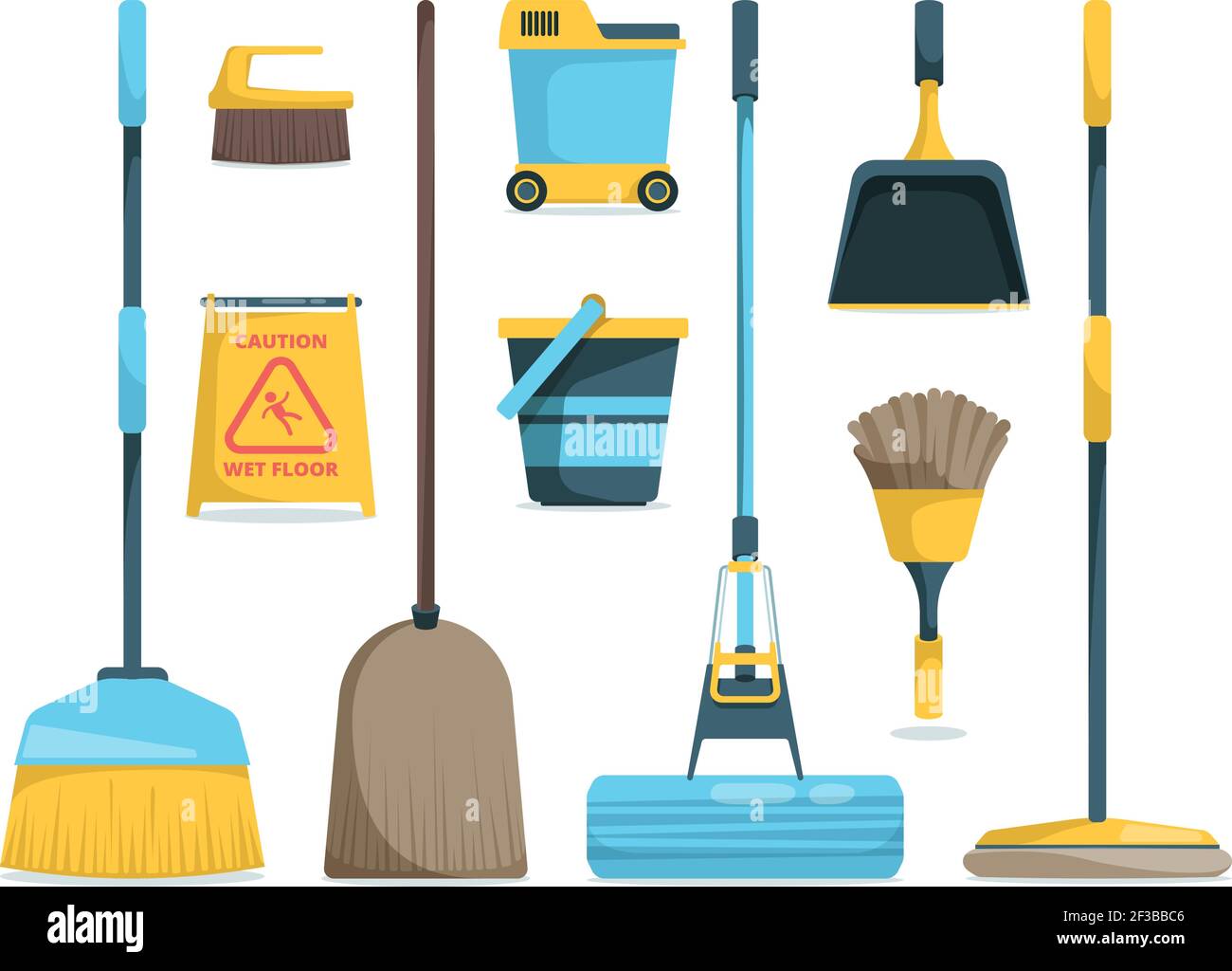 Broom collection. Household equipment mops and brooms for floor home hygiene vector cartoon pictures Stock Vector