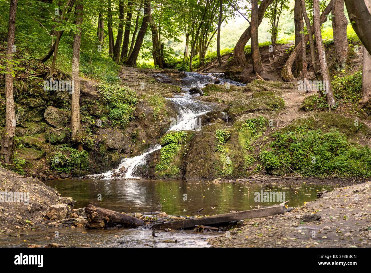 Waterfall Szum on Bentkowka Creek in Bedkowska Valley within Jura Krakowsko-Czestochowska upland near Cracow in Lesser Poland Stock Photo