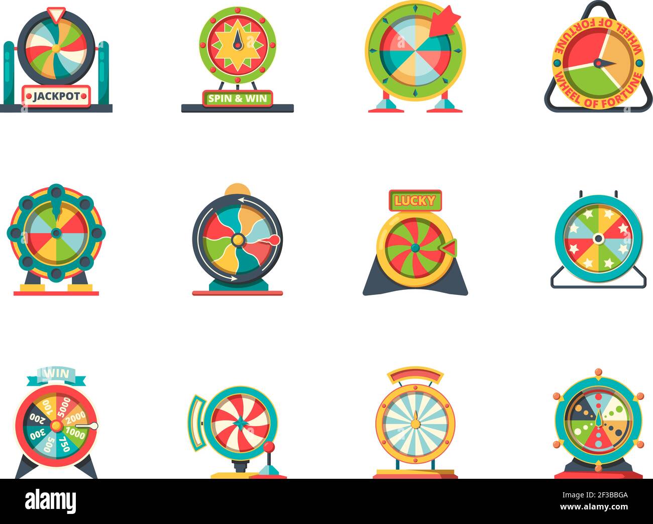 Wheel fortune icon. Circle objects of lucky spinning roulette vector lottery wheels collection Stock Vector