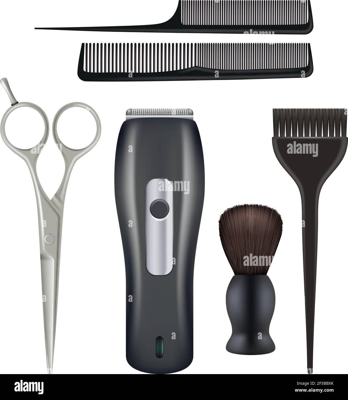 Barbershop realistic. Barber tools hairdresser beauty fashion salon tools comb scissors blade vector illustrations Stock Vector