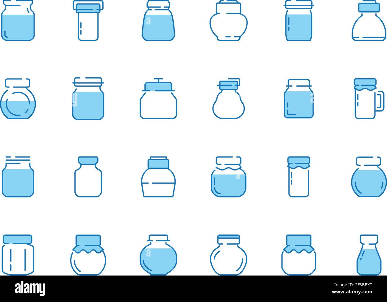 Jar line icons. Bottles for sweets jam marmalade strawberry with labels vector symbols collection Stock Vector
