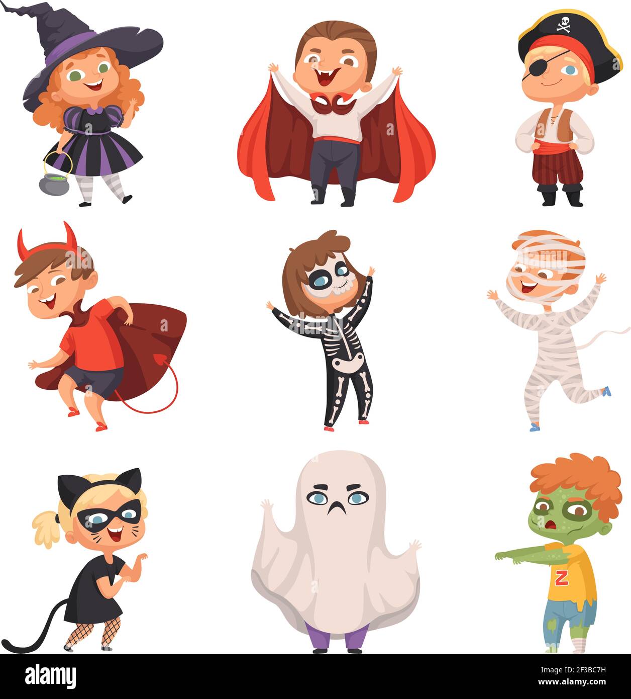 Halloween costumes. Kids scary at party trick or treat vampire zombie witch vector characters Stock Vector