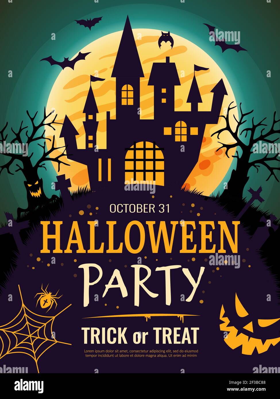 Halloween poster. Scary party invitation flyer template with horror symbols pumpkin bones skull vector halloween background Stock Vector