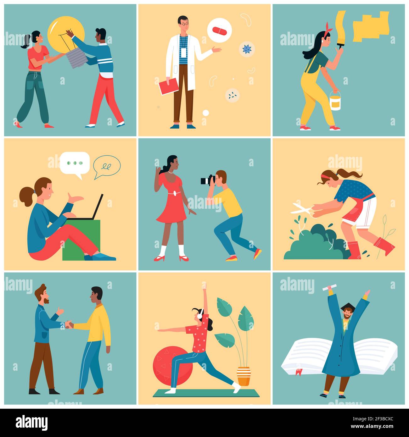 People in day routine, daily activity set, active man woman couple, disabled girl Stock Vector