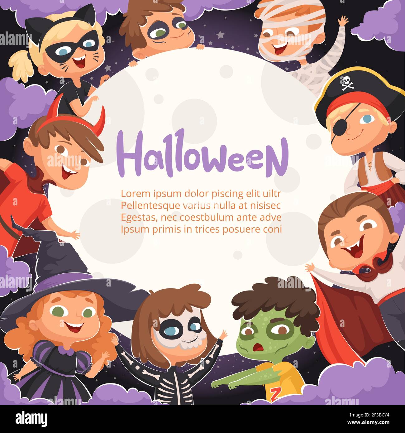 Halloween frame. Cartoon scary background with kids in halloween costumes happy party invitation vector Stock Vector