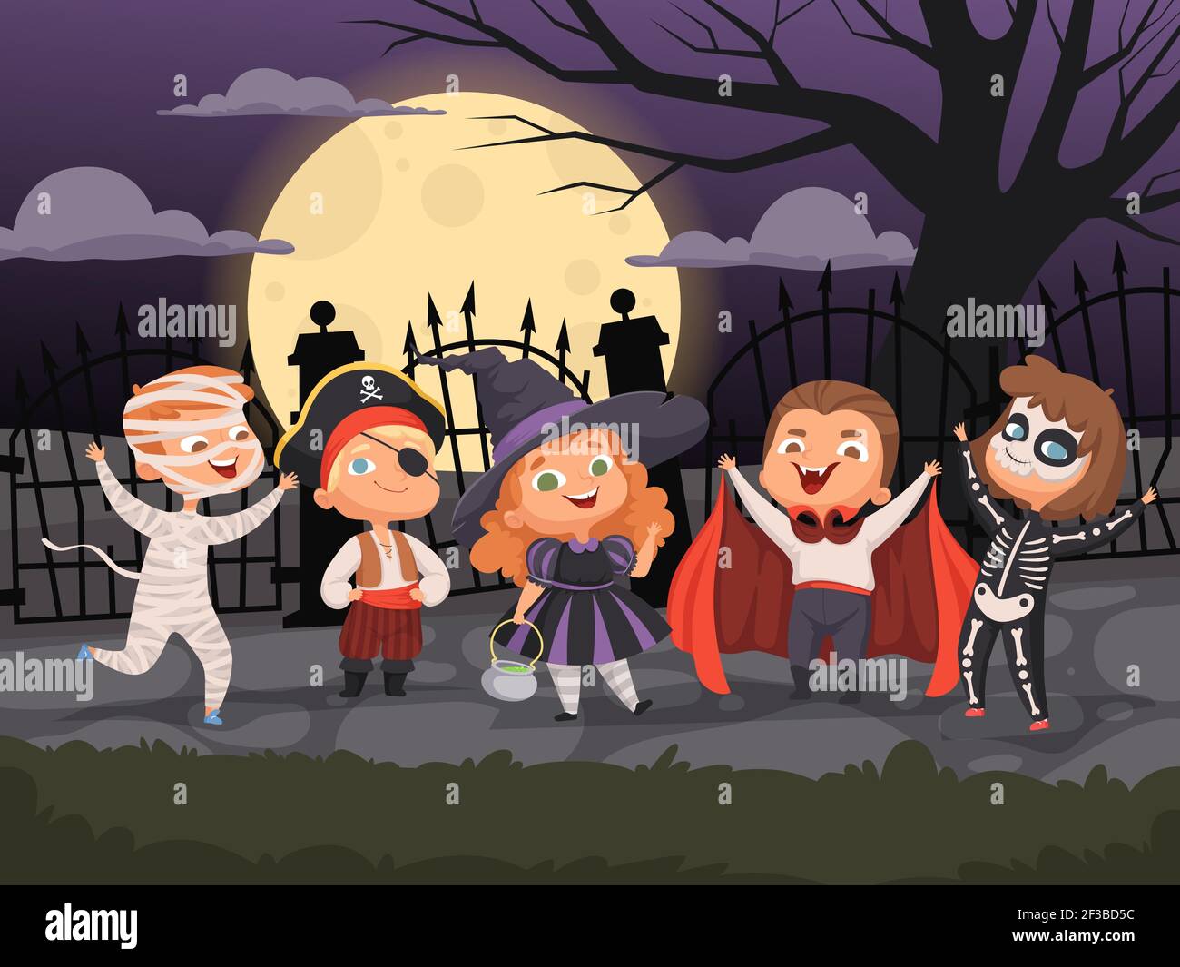 Halloween backgrounds. Kids playing in scary costumes for halloween devil horror party ghost zombie witch vector characters collection Stock Vector
