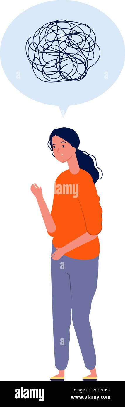 Female depressed. Woman standing with unhappy mind messy depression stress feels vector concept Stock Vector