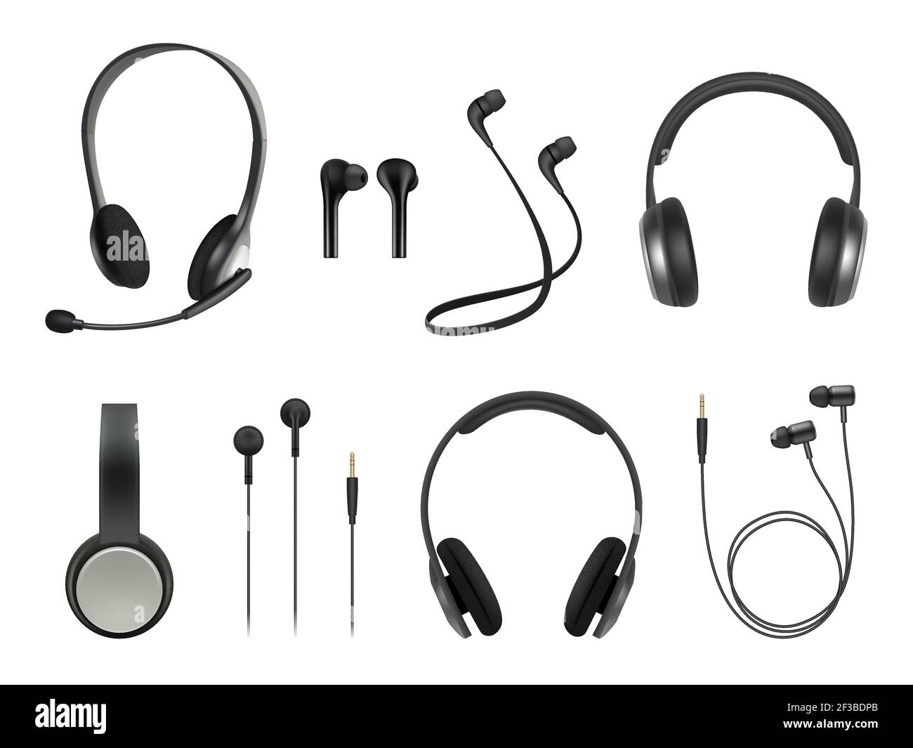 Headset realistic. Earbuds music modern equipment wireless headset vector collection Stock Vector