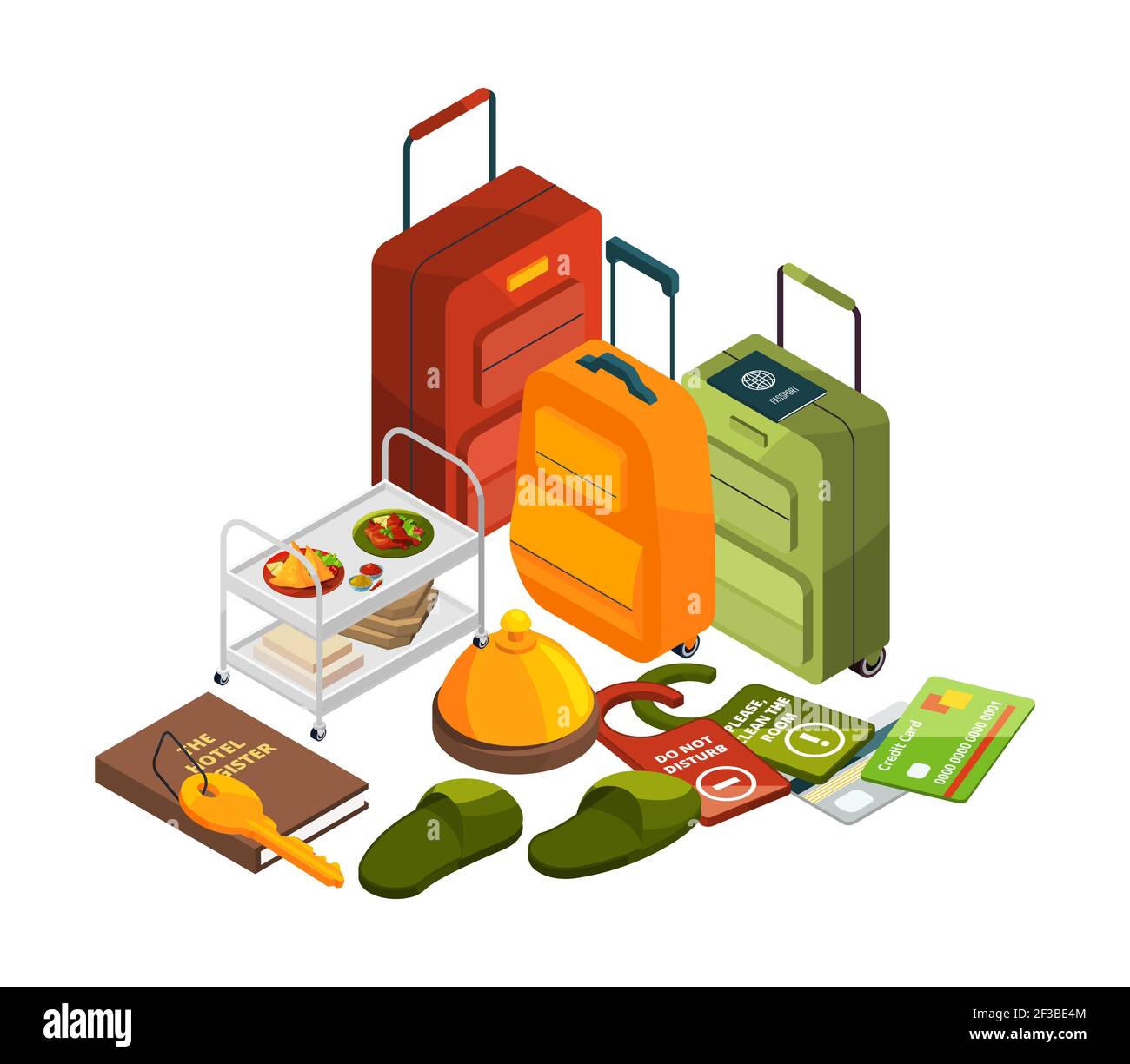 Isometric hotel elements. Vector all inclusive concept. Travel, tourism industry illustration Stock Vector