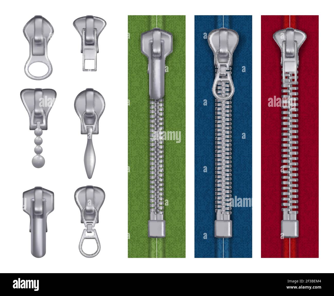 Fashion zipper. Steel fabric tailor items decorative seamstress handbag locks buckles vector realistic illustrations Stock Vector