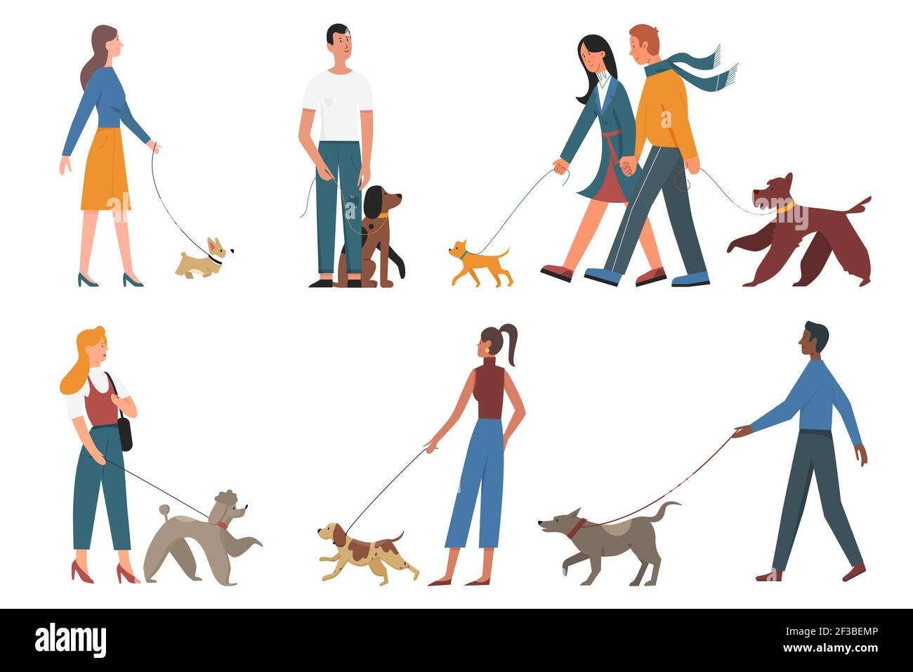 People walk pet dogs of different breeds set, young man woman owners and puppy pets Stock Vector