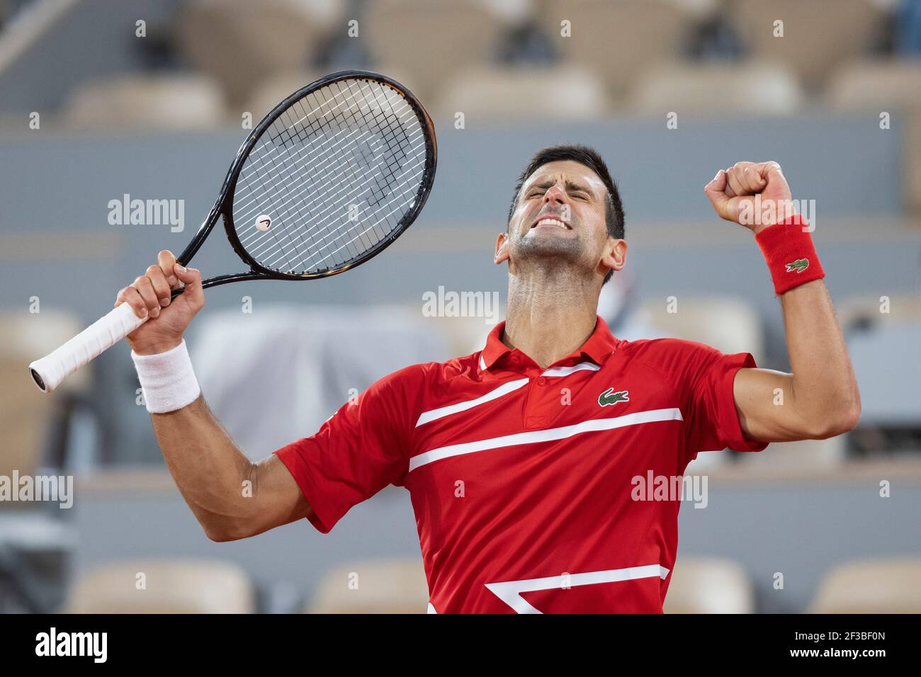 Serbian tennis player Novak Djokovic (SRB) celebrating his win at the French Open 2020, Paris, France, Europe. Stock Photo