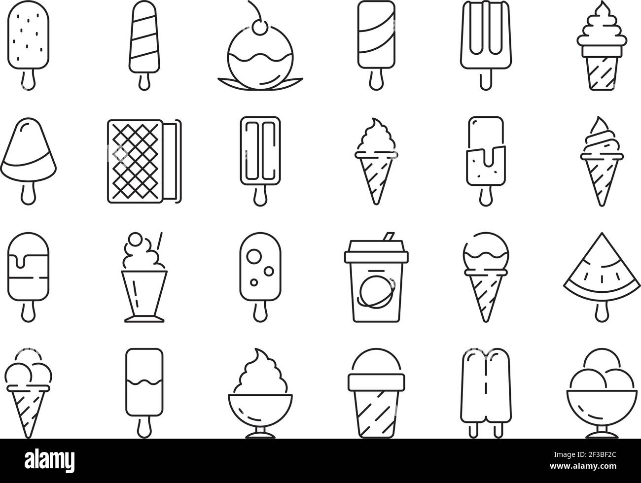 Ice cream products symbols. Milk food yogurt smoothie frozen vanilla ice cream in waffle cup vector line icons Stock Vector