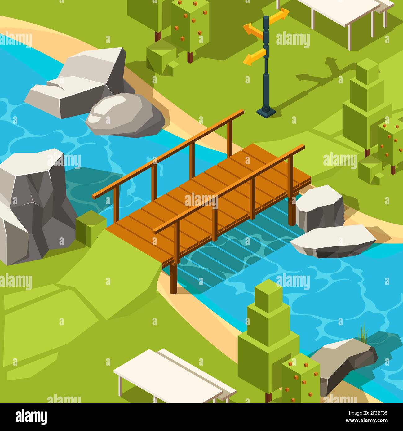 Bridge in park. Water river beautiful place with bridge in grass park for walking vector isometric Stock Vector