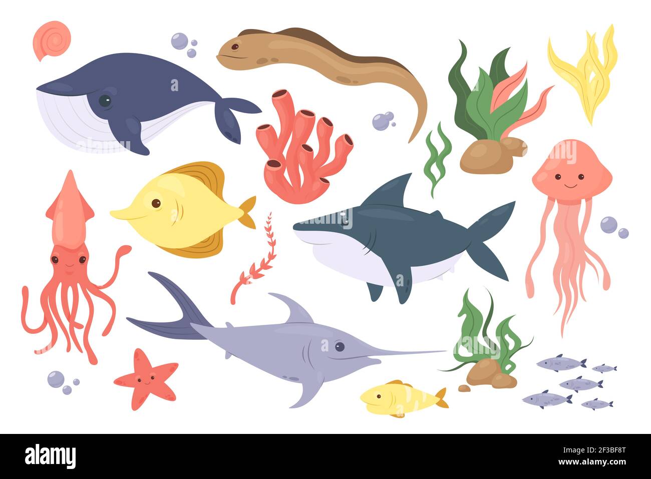 Sea or ocean fish, underwater aquatic animal set, starfish coral seaweed  octopus shark Stock Vector Image & Art - Alamy