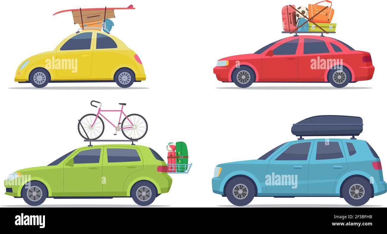Cars with luggage. Road trip vehicle with suitcases vacation transport vector collection Stock Vector
