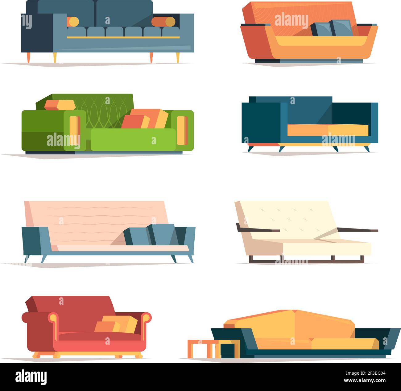 Flat sofa. Soft furniture divan couch canaps luxury armchairs vector collection Stock Vector
