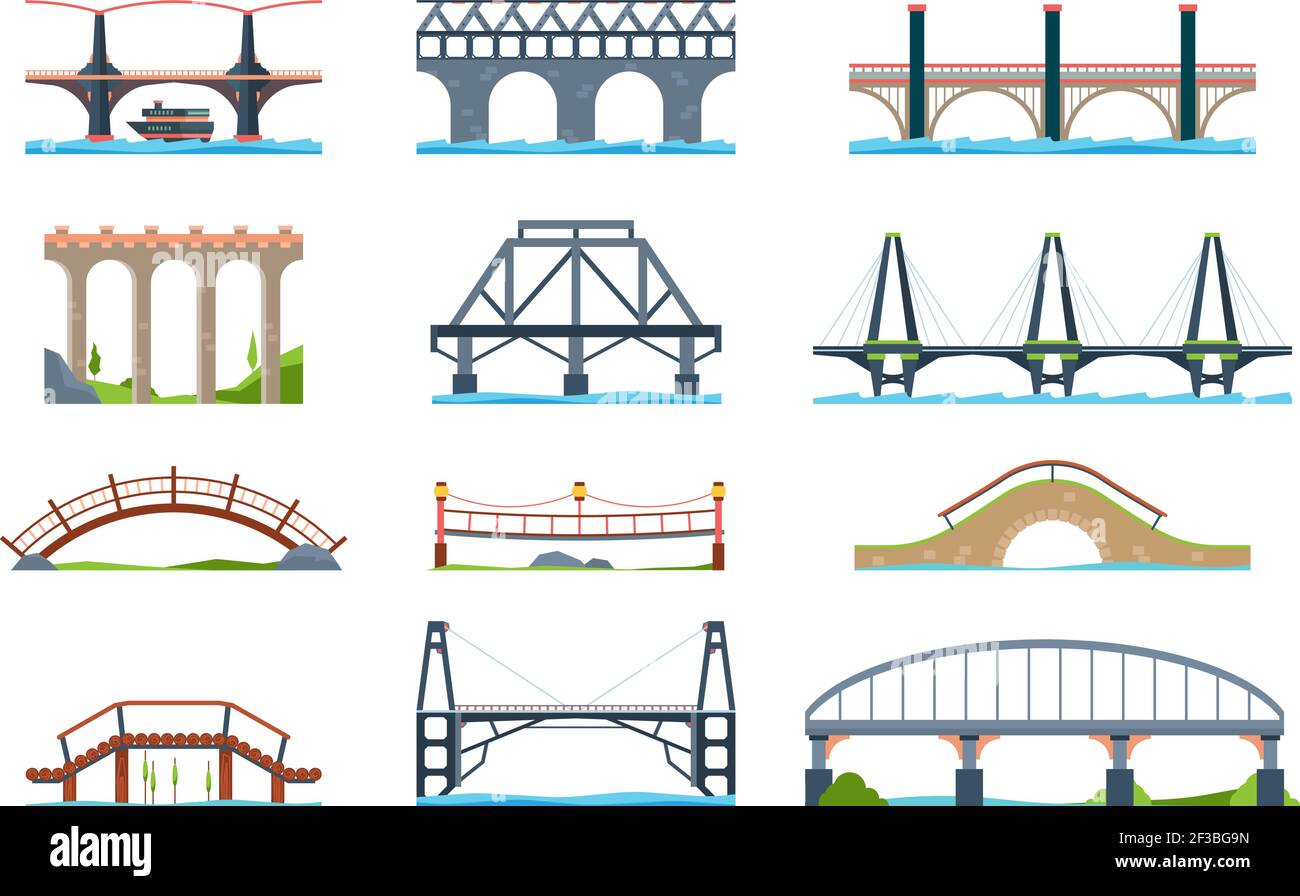 Bridges. Wooden iron aqueduc with column modern architectural objects vector bridge in flat style Stock Vector
