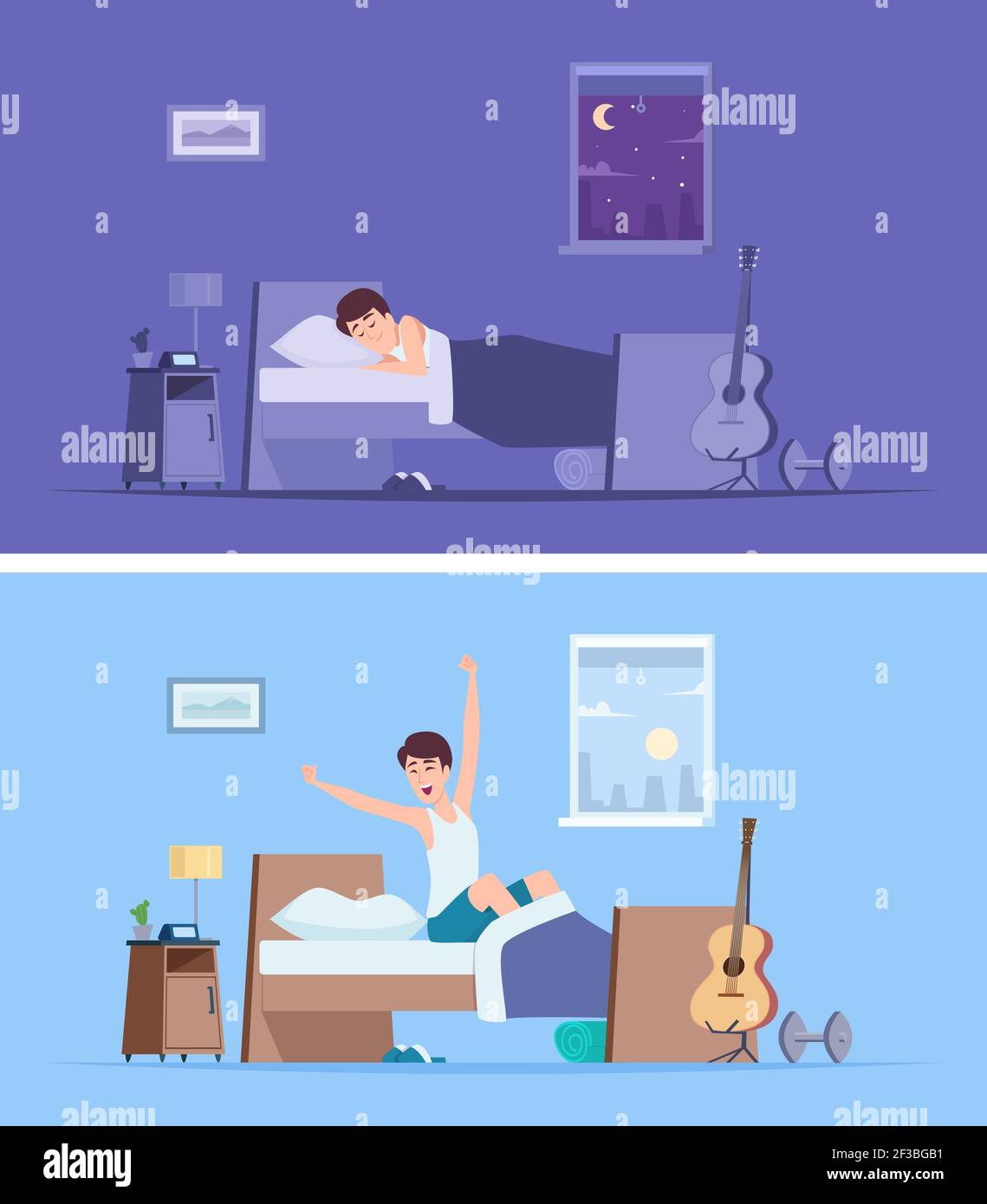 Wake up man. Joyful happy morning sleeping male person stretching in bad sitting on mattress vector peaceful characters Stock Vector