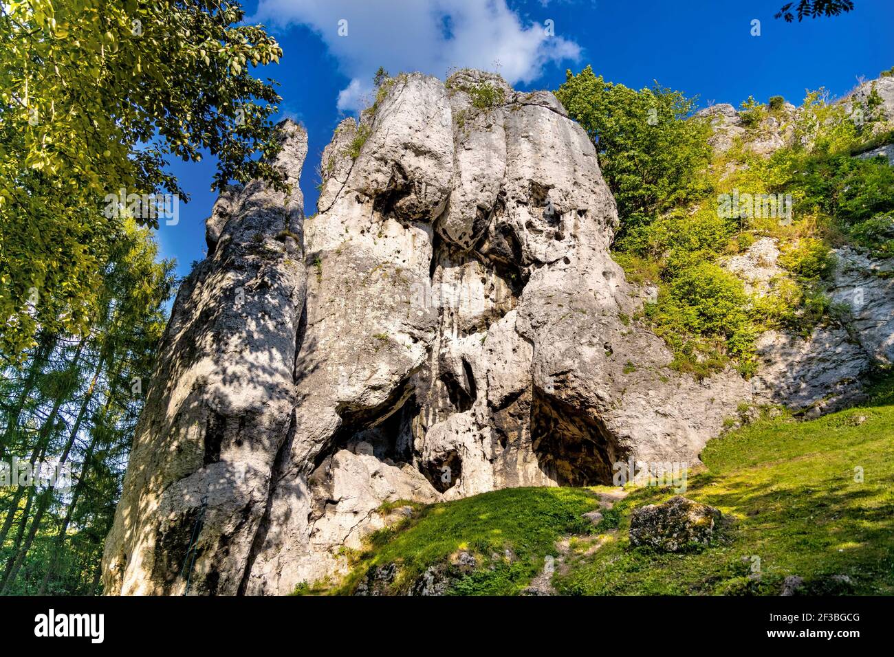 Jurassic limestone rock formations and natural caves in Gora Birow Mountain near Ogrodzieniec Castle, in Podzamcze at Cracow-Czestochowa upland in Sil Stock Photo
